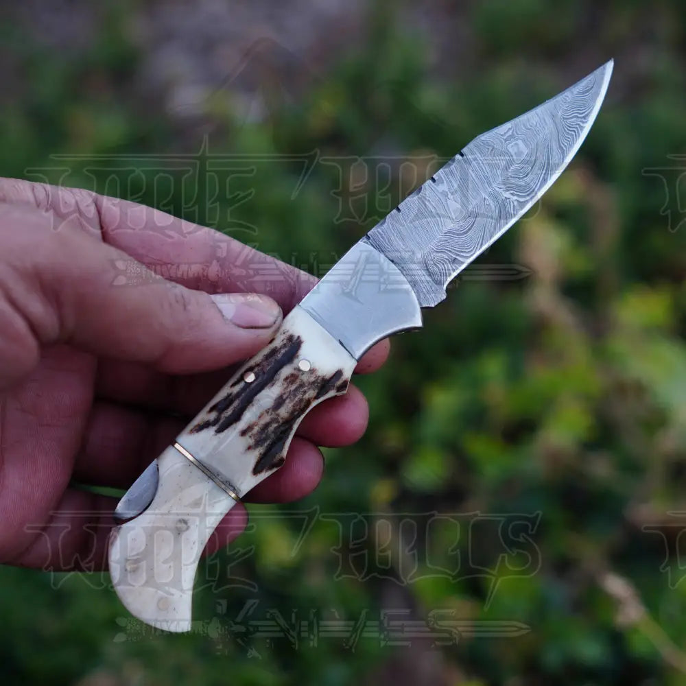 Handmade Damascus Steel Hunting Pocket Folding Knife with Pocket Clip - Camping Folding Blade With Bone & Wood Handle WH 3986-CP