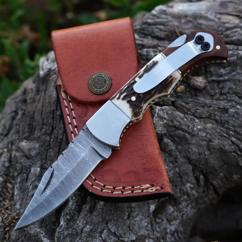 Handmade Damascus Steel Hunting Pocket Folding Knife with Pocket Clip - Camping Folding Blade With Stag & Wood Handle WH 3985-CP