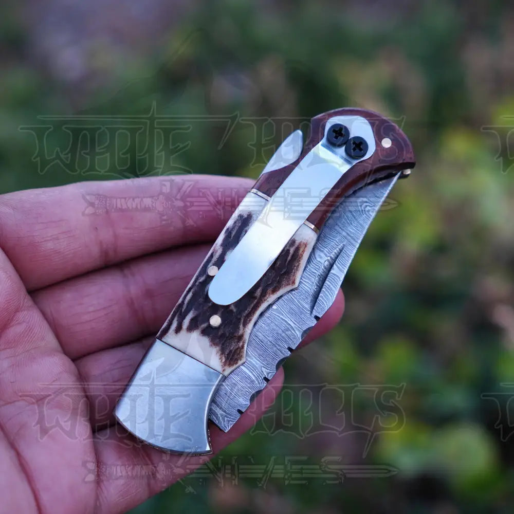 Handmade Damascus Steel Hunting Pocket Folding Knife with Pocket Clip - Camping Folding Blade With Stag & Wood Handle WH 3985-CP