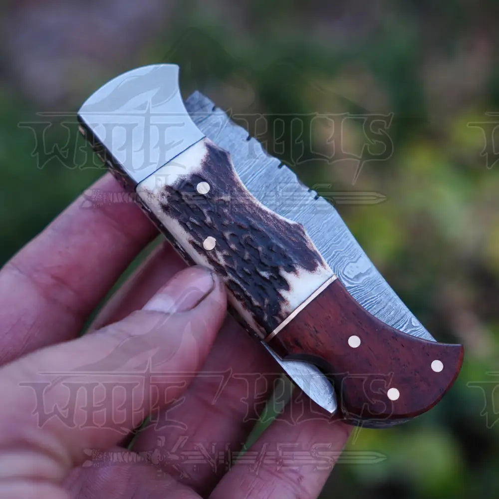 Handmade Damascus Steel Hunting Pocket Folding Knife with Pocket Clip - Camping Folding Blade With Stag & Wood Handle WH 3985-CP