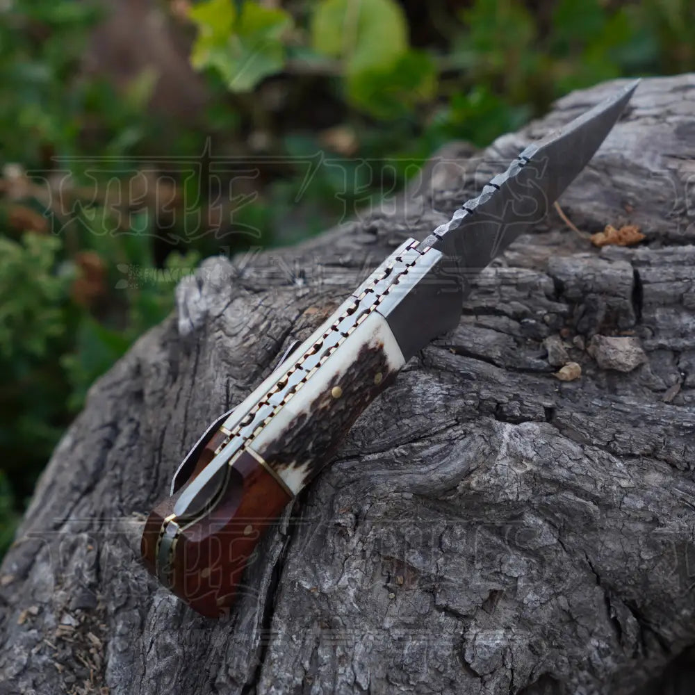 Handmade Damascus Steel Hunting Pocket Folding Knife with Pocket Clip - Camping Folding Blade With Stag & Wood Handle WH 3985-CP