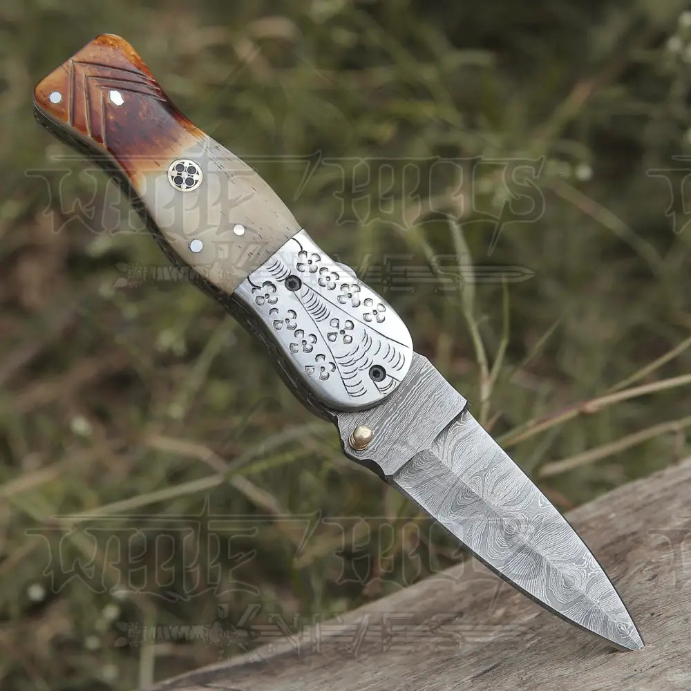 Handmade Damascus Steel Hunting Pocket Knife Camping Folding Blade With Camel Bone Handle WH 4405