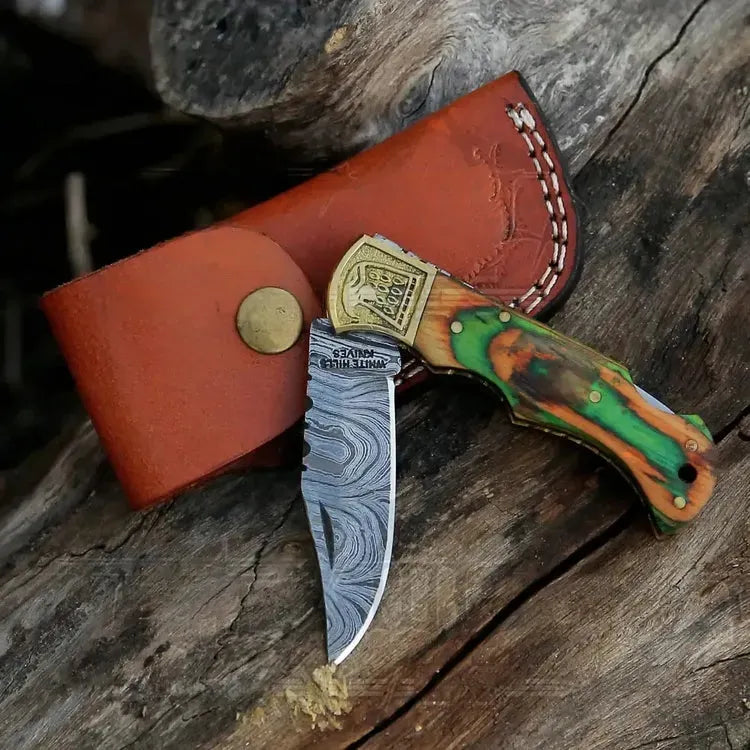 HANDMADE DAMASCUS STEEL CAMPING KNIFE WITH ENGRAVED BRASS EAGLE BOLSTER/POCKET KNIFE/FOLDING KNIFE- Stain Wood Handle WH 5044