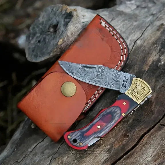 HANDMADE DAMASCUS STEEL FOLDING KNIFE - POCKET KNIFE -  Stain Wood Handle With Engraved Brass Eagle Bolster WH 5043