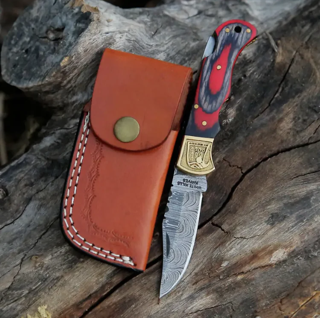 Handmade Damascus steel folding pocket knife with stained wood handle