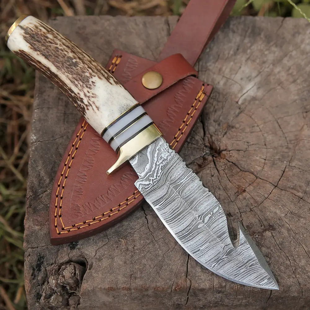 Handmade Forged Damascus Steel Gut Hook Hunting Knife EDC With Original Stag Antler Handle WH 4340