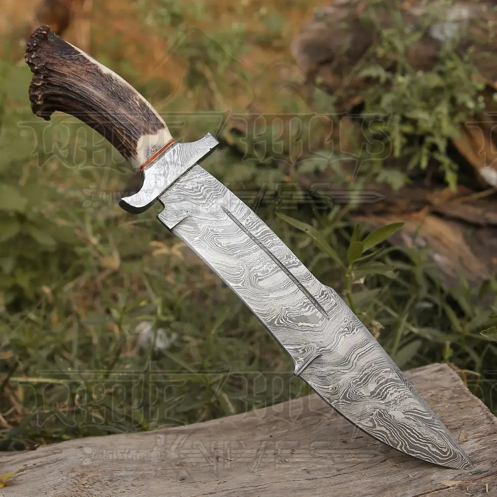 Handmade Forged Damascus Steel Hunting Bowie Rambo Knife With Deer Stag Antler Handle WH 4410