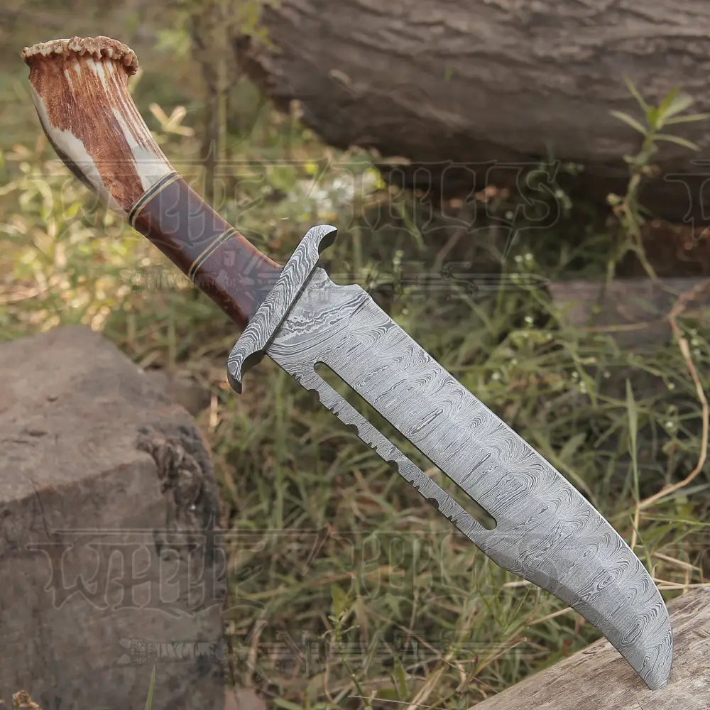 Handmade Damascus Steel Rambo Knife – Deer Stag Handle WH 44H