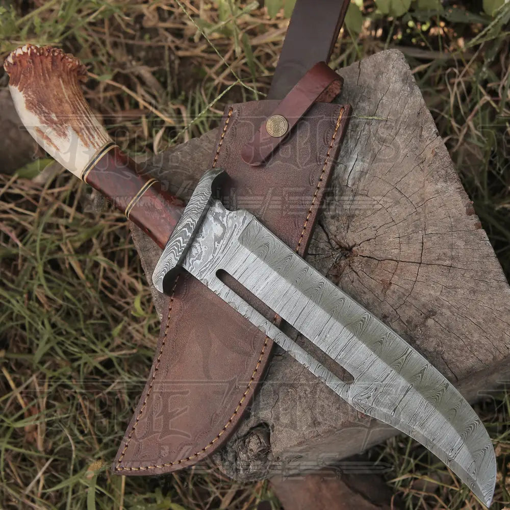 Handmade Damascus Steel Rambo Knife – Deer Stag Handle WH 44H