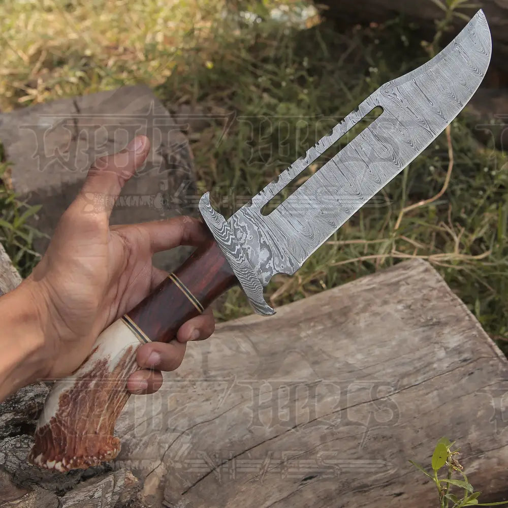 Handmade Forged Damascus Steel Hunting Bowie Rambo Knife With Deer Stag Antler Handle WH 44H