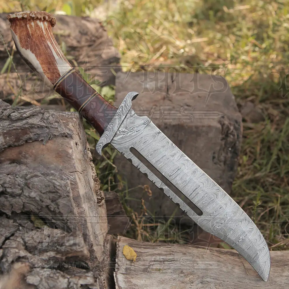 Handmade Damascus Steel Rambo Knife – Deer Stag Handle WH 44H