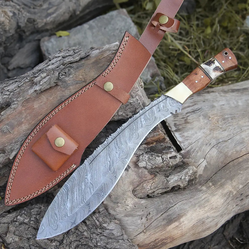 Handmade Forged Damascus Steel Hunting Bushcraft Kukri Knife Survival EDC 12” With Olive Wood & Stag Handle WH 3900