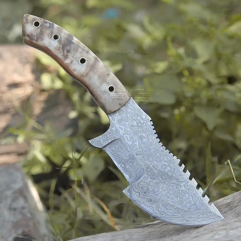 10”Custom Hand Made Forged Damascus Steel Tracker Camping Ram horn Knife Handle WH 3845