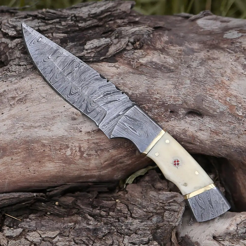 8.5” Hand Forged Damascus Steel Full Tang Skinner Knife - Camel Bone Handle - H-017