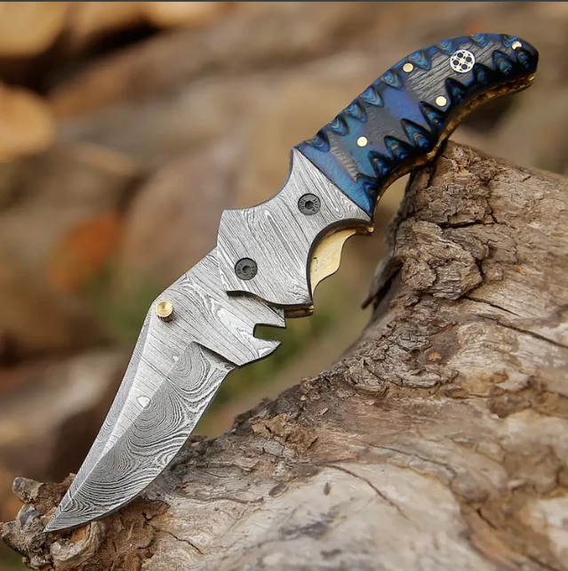 7" Handmade Forged Damascus Pocket Folding Knife - Blue Pakka Wood Handle - Damascus Bolster WH 3531