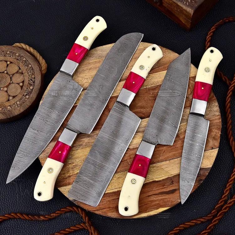 Kitchen Knives Made in USA - Custom Damascus Steel Chef Knife Set with Bone & Wood Handle