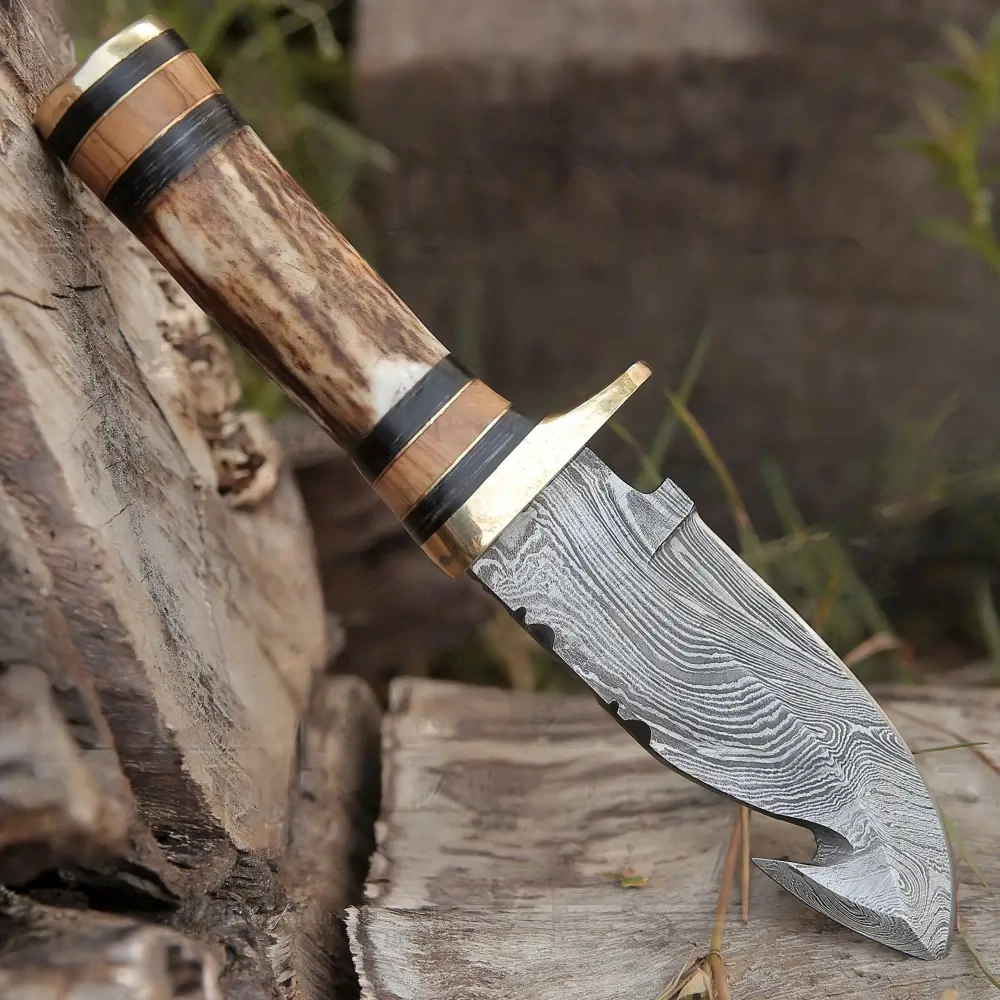 Custom Hand Made Forged Damascus Hunting Knife With Gut Hook & Stag Handle WH 3749