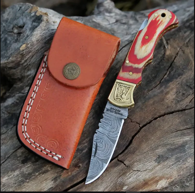 HANDMADE DAMASCUS STEEL FOLDING KNIFE - POCKET KNIFE -  Stain Wood Handle With Engraved Brass Eagle Bolster WH 5043