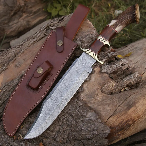 HANDMADE FORGED DAMASCUS Steel Hunting Bowie Rambo Knife Deer Stag Crown Handle WH 4411