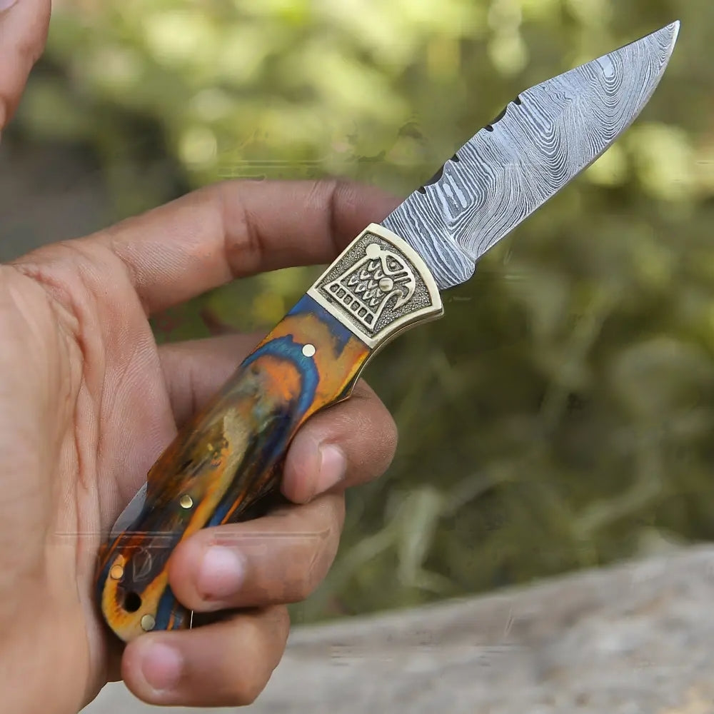 Hunting Folding Knife - Custom Steel Classic Pocket Knife with Brass Bolster & Multi-Colored Wood Handle WH 2593