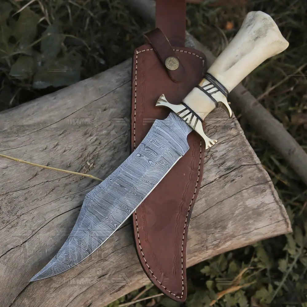 Edc Bowie Knife- Damascus Steel EDC 15” Bowie knife Rambo with Leather Sheath & Camel Bone Handle