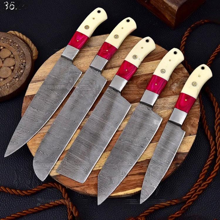 Kitchen Knives Made in USA - Custom Damascus Steel Chef Knife Set with Bone & Wood Handle