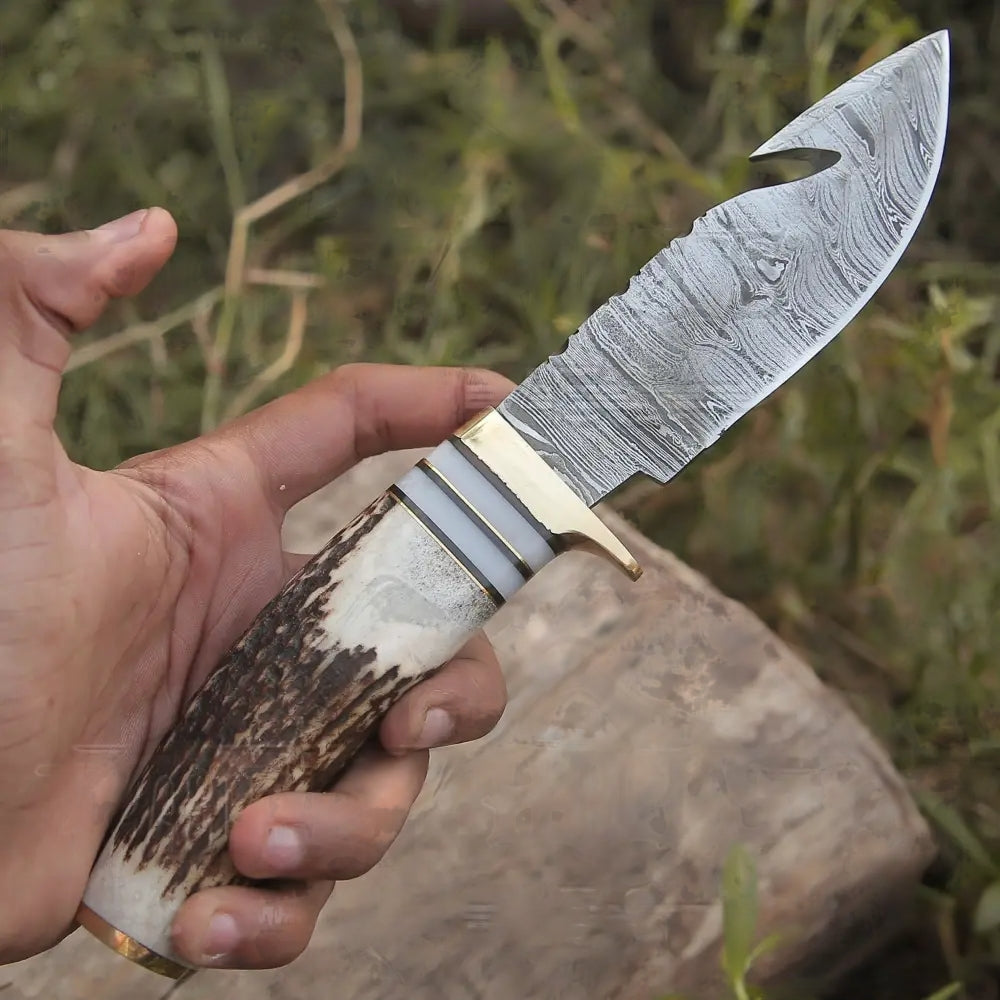 Handmade Forged Damascus Steel Gut Hook Knife EDC With Original Stag Antler Handle WH 4340