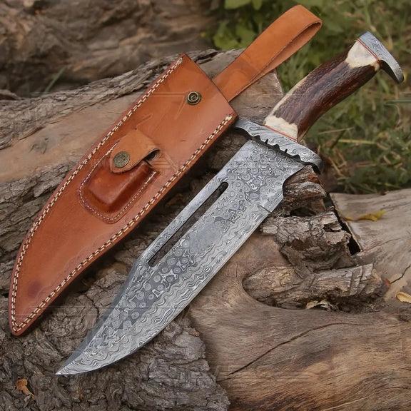 HANDMADE FORGED DAMASCUS Steel Hunting Bowie Rambo Knife Deer Stag Antler EDC WH 4407