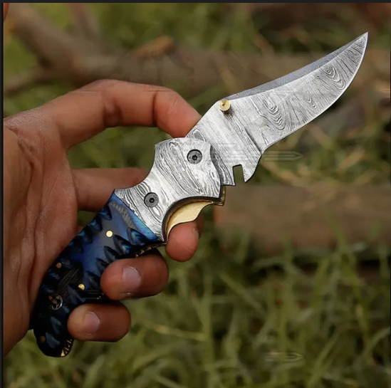 7" Handmade Forged Damascus Blue Pocket Knife - Pakka Wood Handle WH 3531