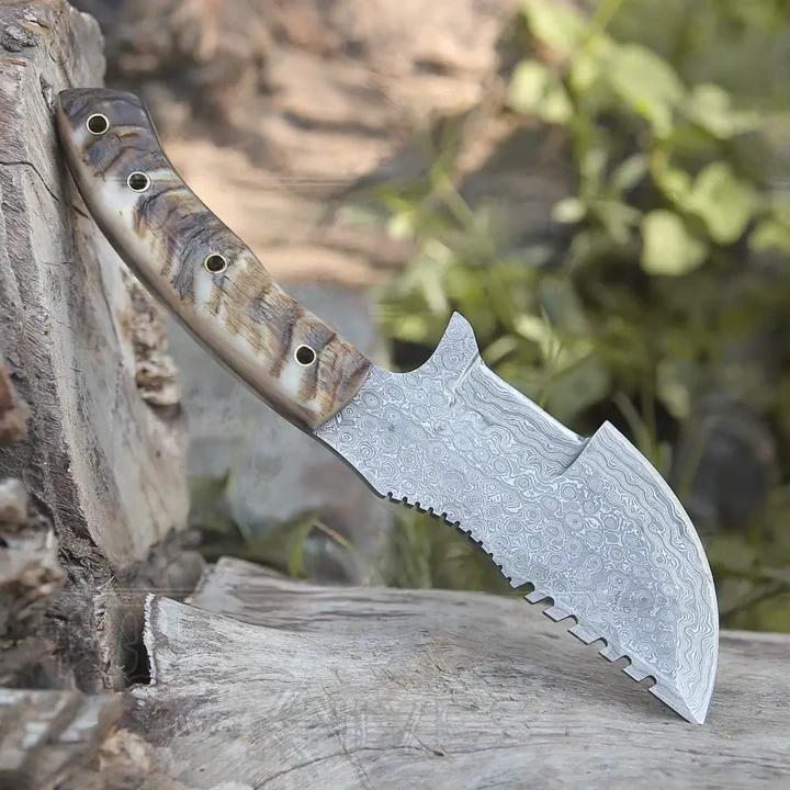 10”Custom Hand Made Forged Damascus Steel Tracker Camping Ram horn Knife Handle WH 3845