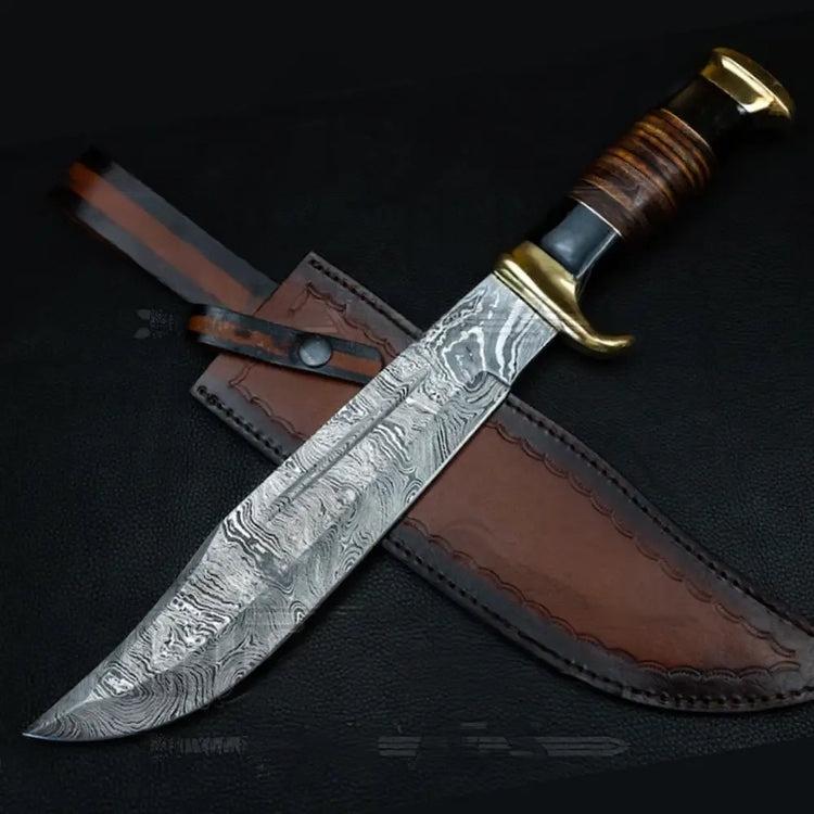 HANDMADE FORGED DAMASCUS Steel Hunting Bowie Rambo Knife Bull Horn & Leather