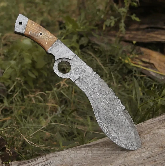 Hand Made Forged Damascus Kukri Blade - Steel Hunting Knife with Damascus Bolster & Olive Wood Handle WH 2254