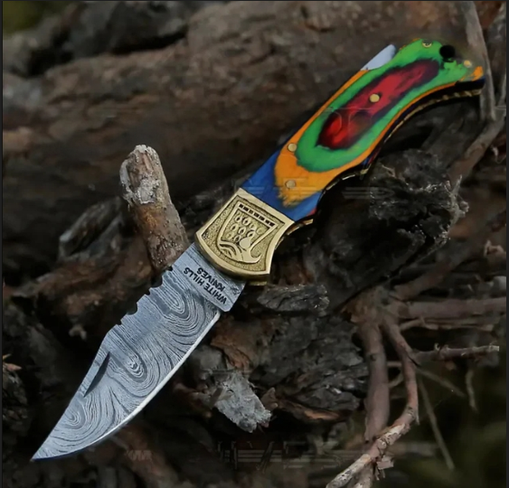 HANDMADE DAMASCUS STEEL FOLDING KNIFE WITH STAIN WOOD HANDLE/ POCKET KNIFE WITH ENGRAVED BRASS EAGLE BOLSTER WH 5045