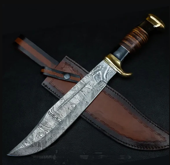 Edc Bowie Knife- Damascus Steel EDC 15”bowie knife rambo with Leather Roll & Buffalo Horn Handle