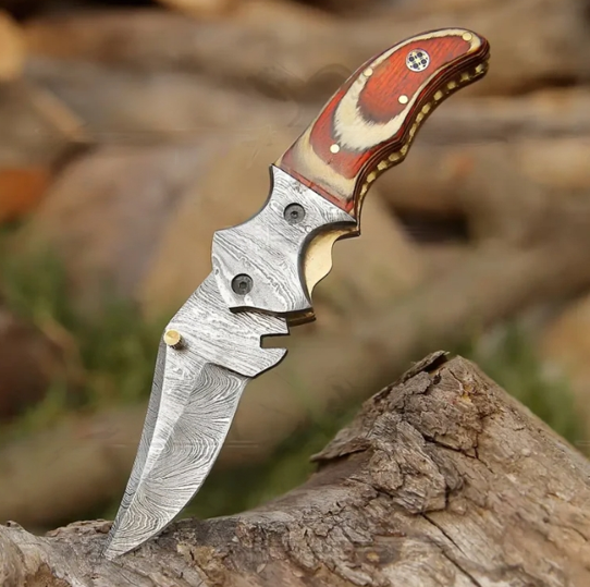 Wood Handle Pocket Knife with Damascus Bolster WH 3535