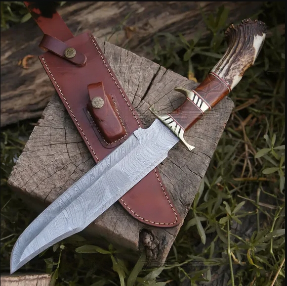 Handmade Forged Damascus Steel Hunting Bowie Rambo Knife with Deer Crown Stag Handle