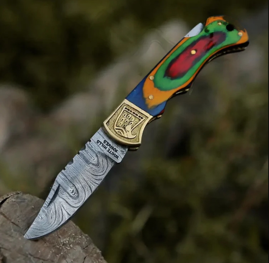 HANDMADE DAMASCUS STEEL FOLDING KNIFE WITH STAIN WOOD HANDLE/ POCKET KNIFE WITH ENGRAVED BRASS EAGLE BOLSTER WH 5045