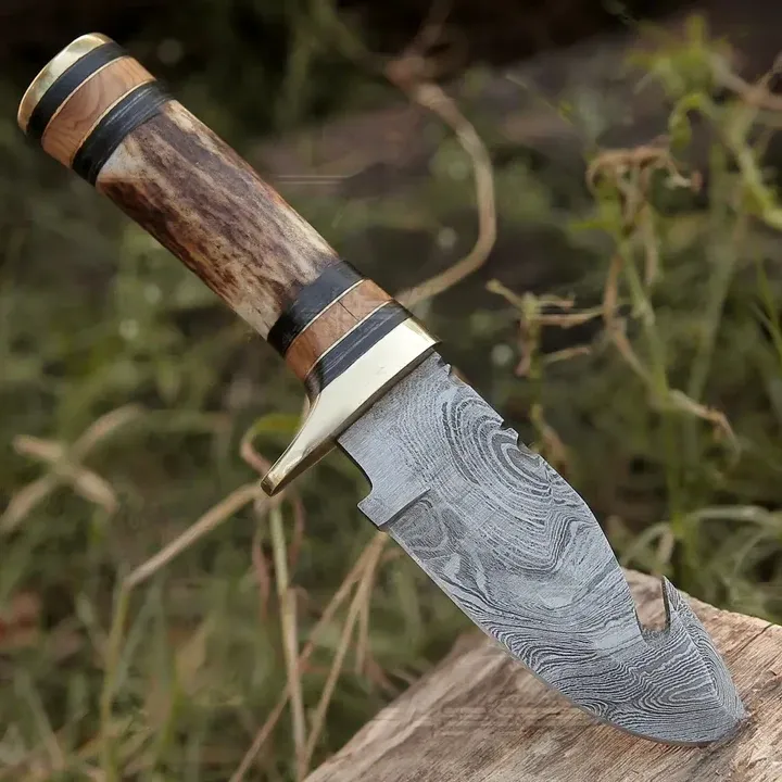 Custom Hand Made Forged Damascus Hunting Knife With Gut Hook & Stag Handle WH 3749