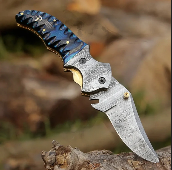 7" Handmade Forged Damascus Pocket Folding Knife - Blue Pakka Wood Handle - Damascus Bolster WH 3531