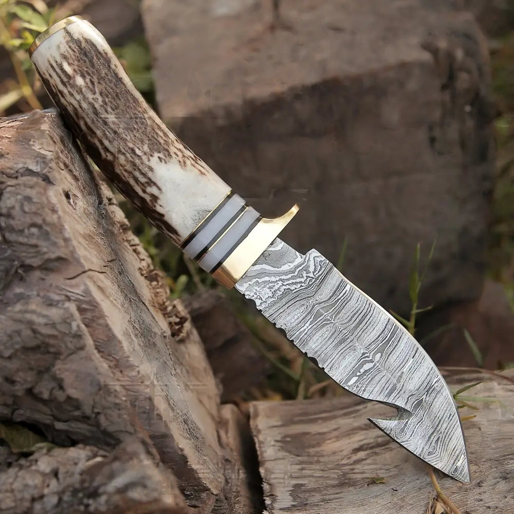 Handmade Forged Damascus Steel Gut Hook Knife EDC With Original Stag Antler Handle WH 4340