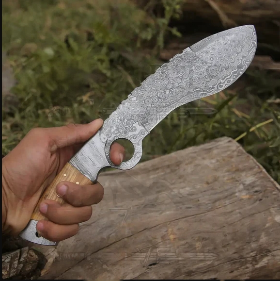 Hand Made Forged Damascus Kukri Blade - Steel Hunting Knife with Damascus Bolster & Olive Wood Handle WH 2254