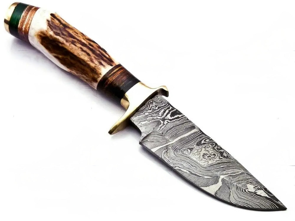 Custom Hand Forged Damascus Steel Camping Brass Guard Knife & Stag Handle WH 57