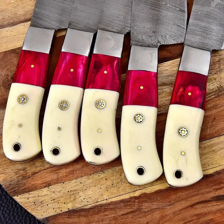 Kitchen Knives Made in USA - Custom Damascus Steel Chef Knife Set with Bone & Wood Handle