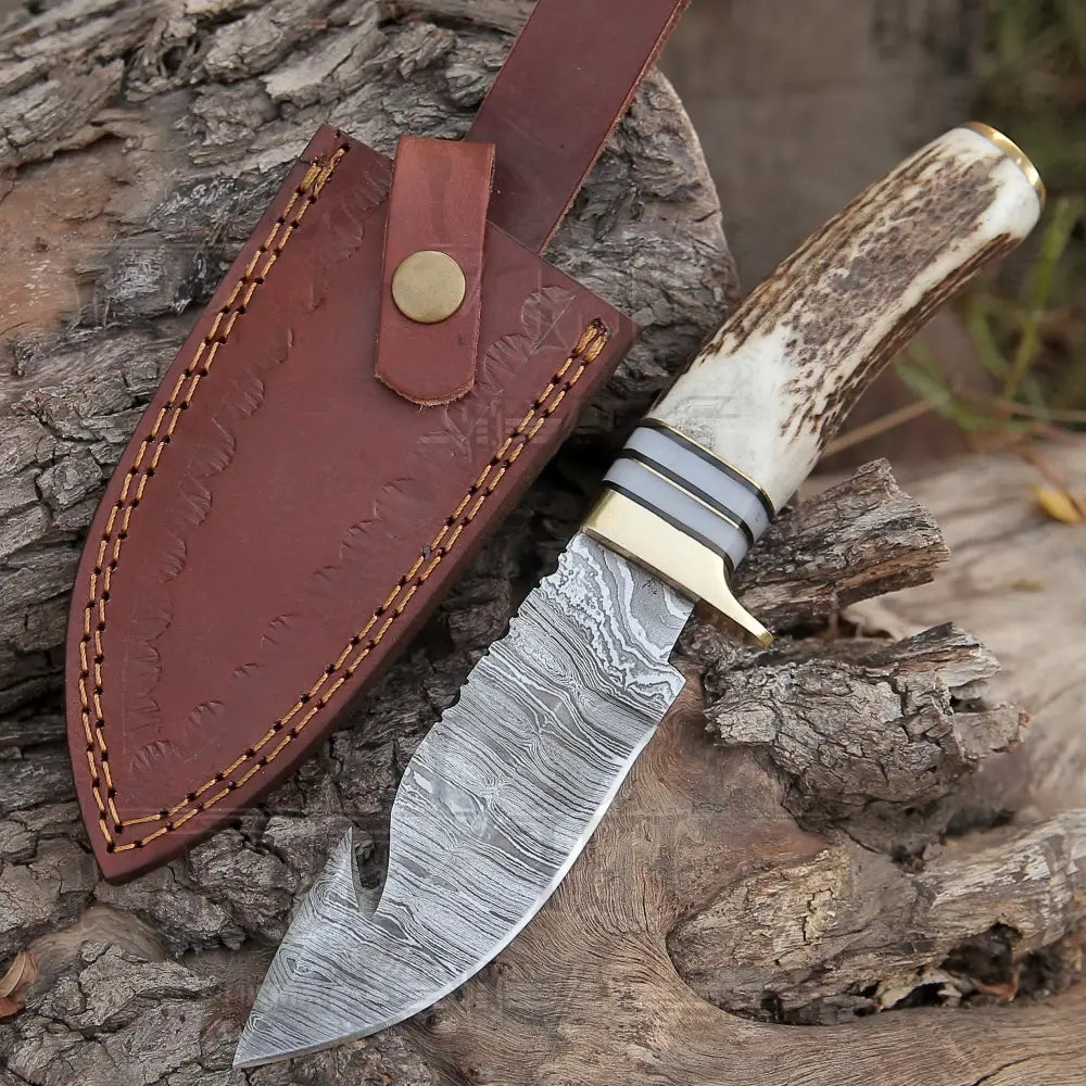 Handmade Forged Damascus Steel Gut Hook Knife EDC With Original Stag Antler Handle WH 4340