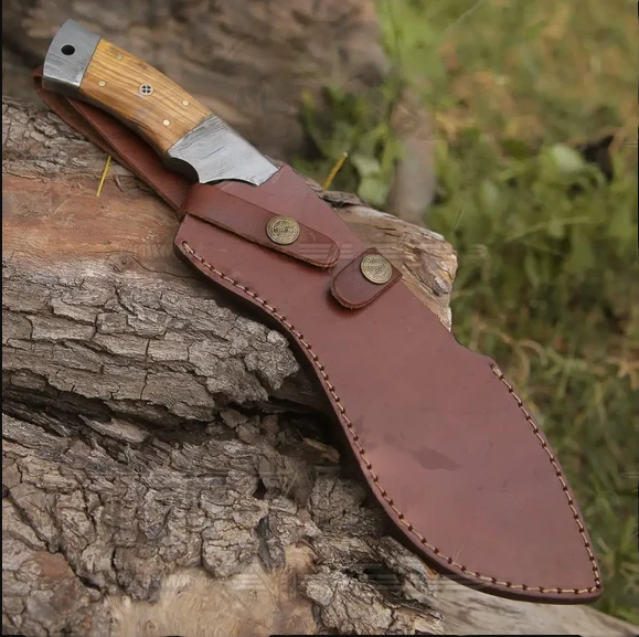 Hand Made Forged Damascus Kukri Blade - Steel Hunting Knife with Damascus Bolster & Olive Wood Handle WH 2254