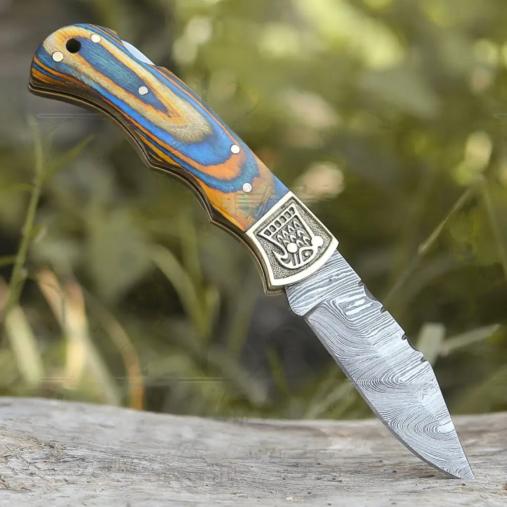 Hunting Folding Knife - Custom Steel Classic Pocket Knife with Brass Bolster & Multi-Colored Wood Handle WH 2593