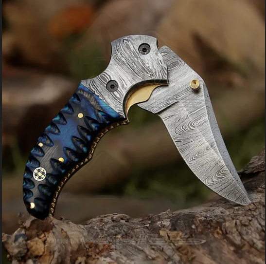 7" Handmade Forged Damascus Pocket Folding Knife - Blue Pakka Wood Handle - Damascus Bolster WH 3531