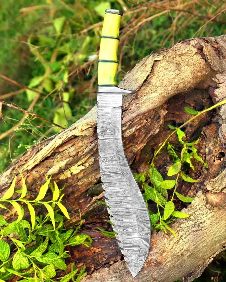 22” Handmade Damascus Steel Kukri – Survival & Hunting Knife with Camel Bone Handle