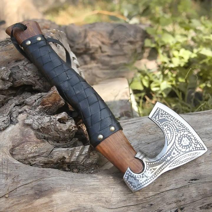 Carbon steel axe with ergonomic ash wood handle 