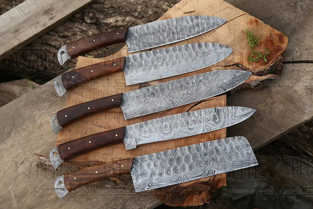 The Black Rose | Damascus 5 Piece Chef Knife Set & Leather Roll